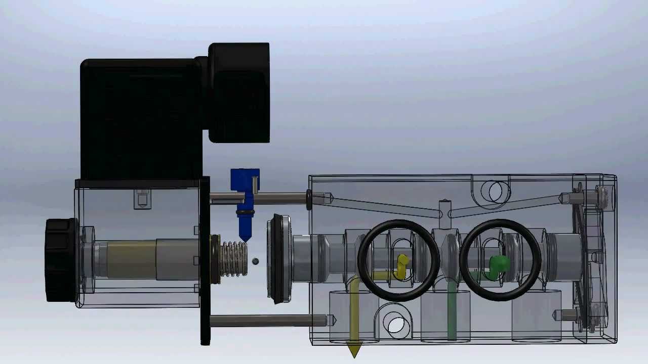 Inside a pneumatic solenoid valve with the different parts visible
